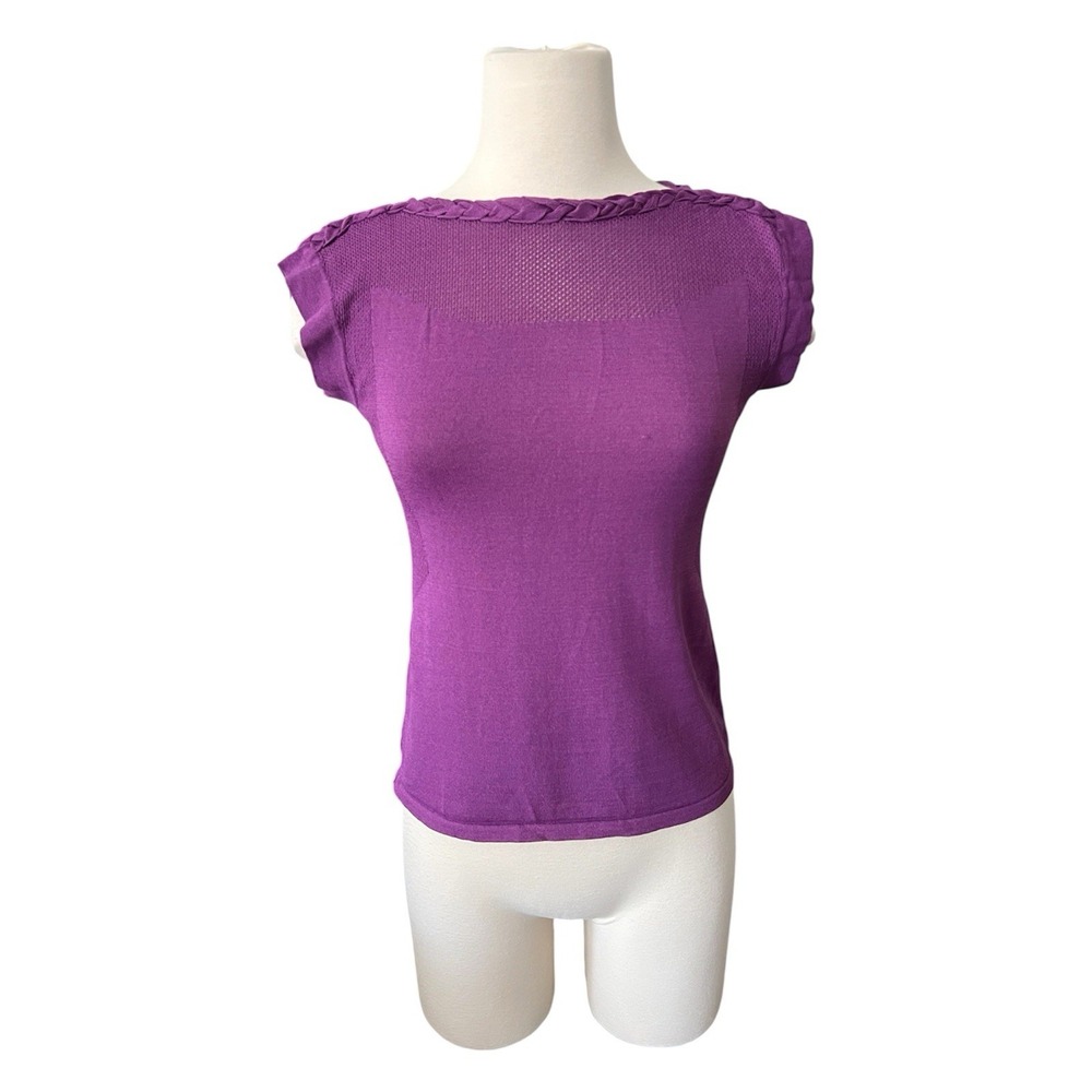 Purple Knit Top Braided Neckline Cap Sleeve Top Womens Small Boho Chic